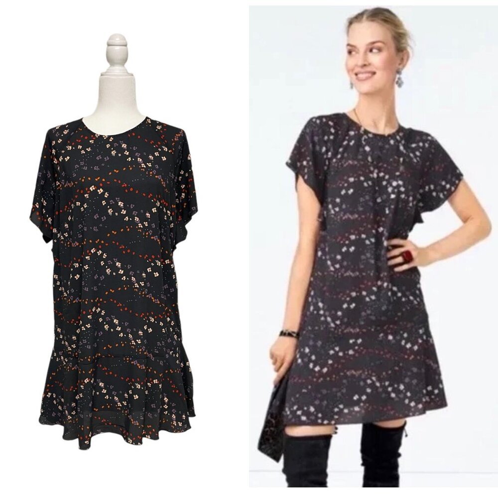 Cabi M Polyester Gray Chiffon Floral Print Shift Dress Flutter Sleeve 54077 3828